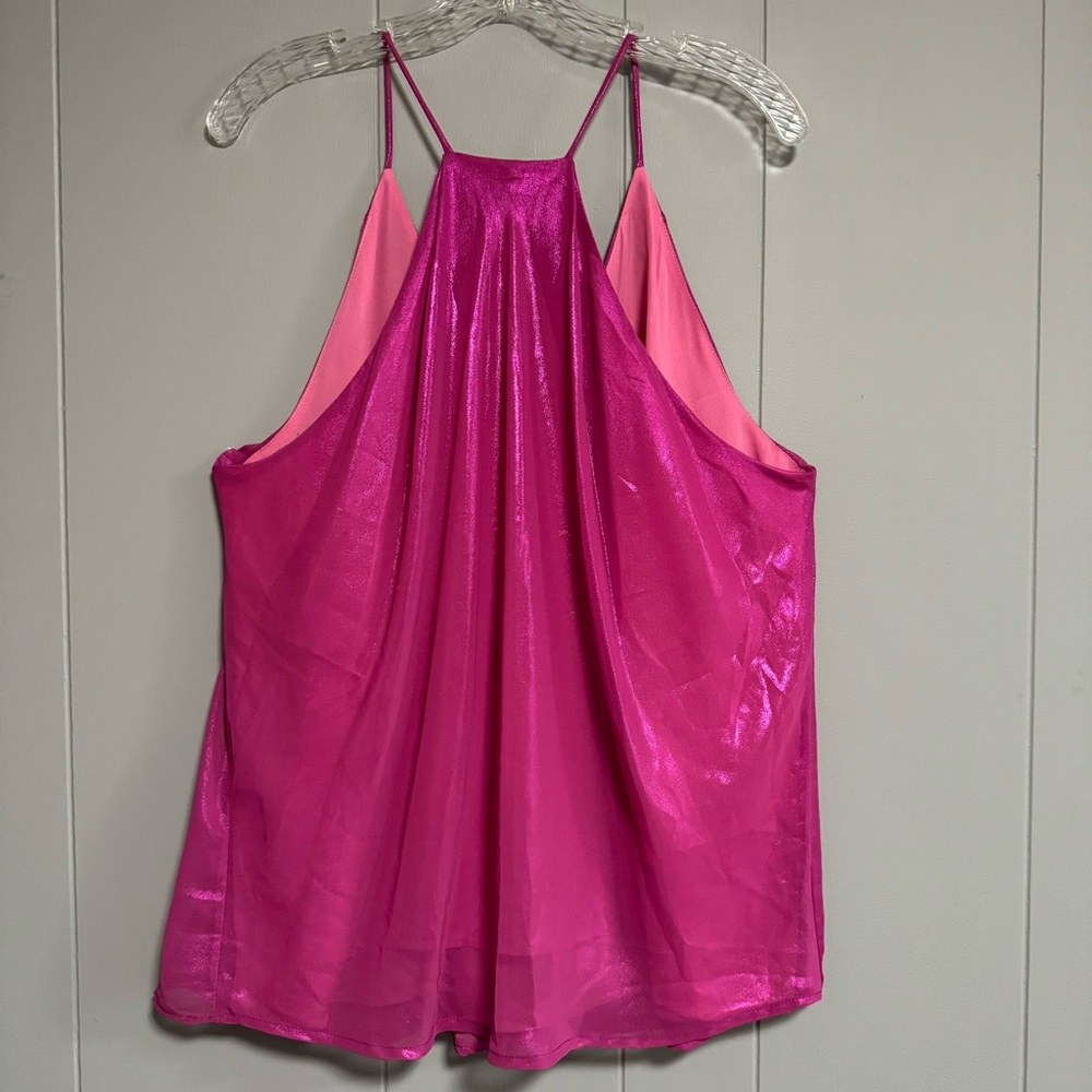 ADRIENNE Fuchsia Two Tone V neckline Racerback Shimmery Loose Fit Blouse Size L - Picture 2 of 6